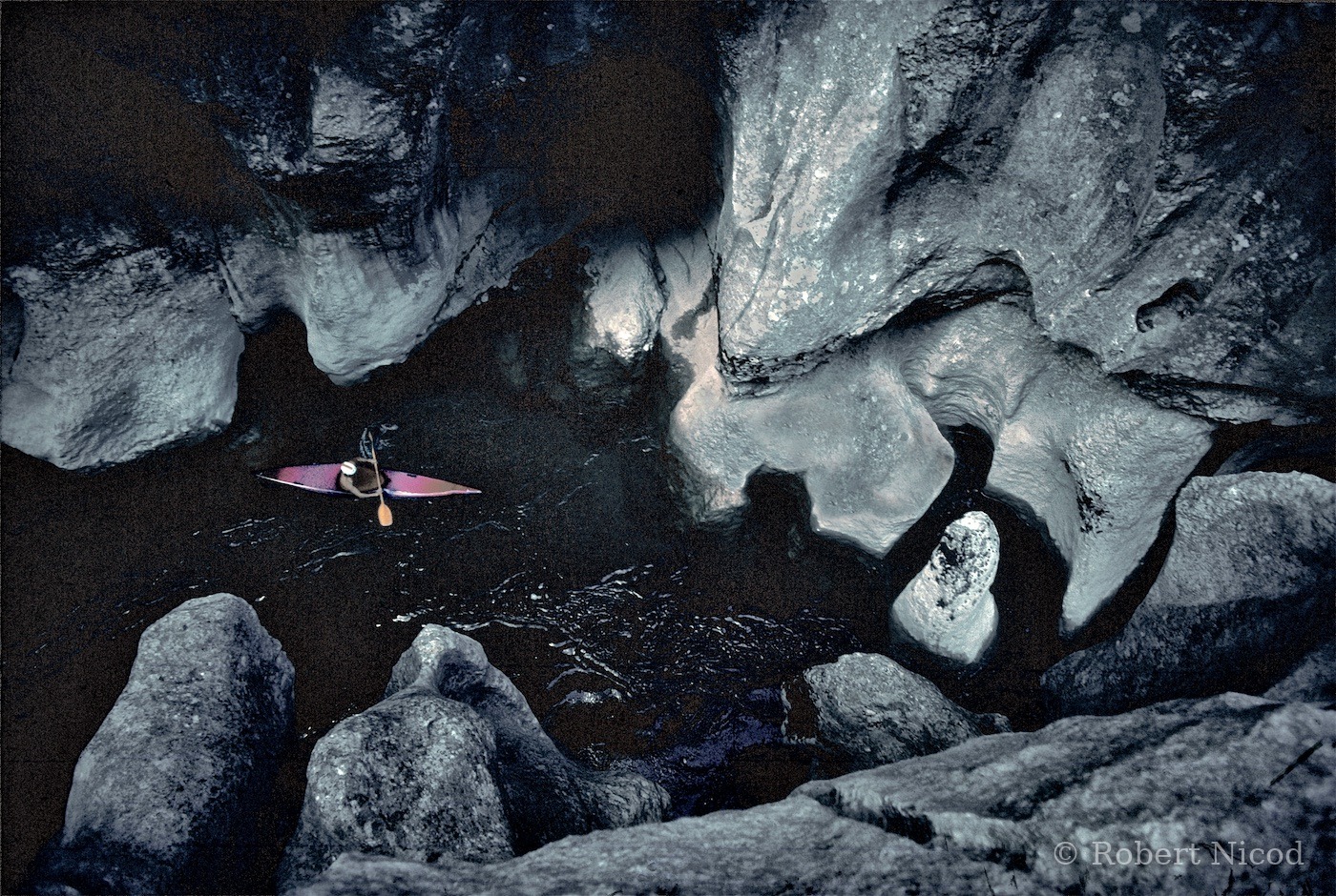 Escalade — Kayak, passage du « Styx », Verdon 1985